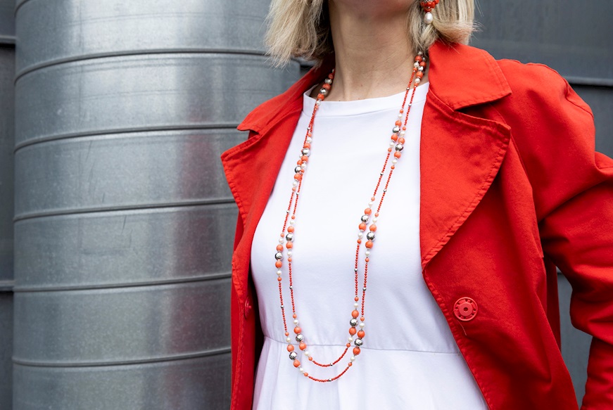 Collana argento con corallo bamboo e perle Luisa della Salda