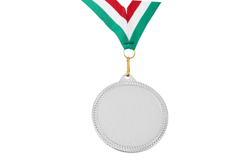 Medaglia per premiazioni personalizzabile metallo con finitura argentata e nastro tricolore Selezione Zanolli