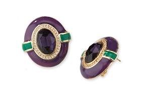 Earrings brass with green quartz and violet polymer Sovrani