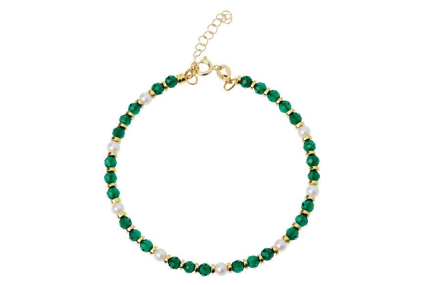 Bracciale ottone ottone finitura dorata con spinello verde e perle Selezione Zanolli