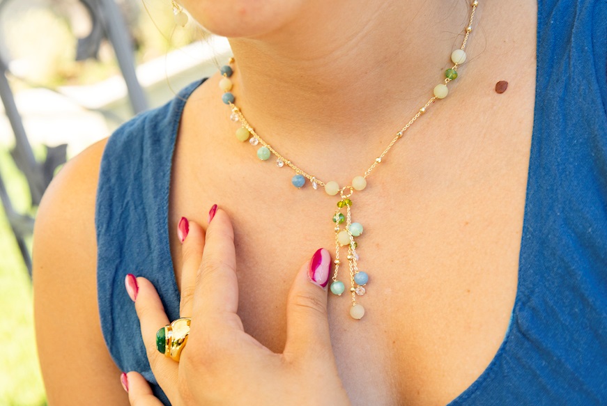 Collana argento dorato con pietre satinate verdi e azzurre Selezione Zanolli