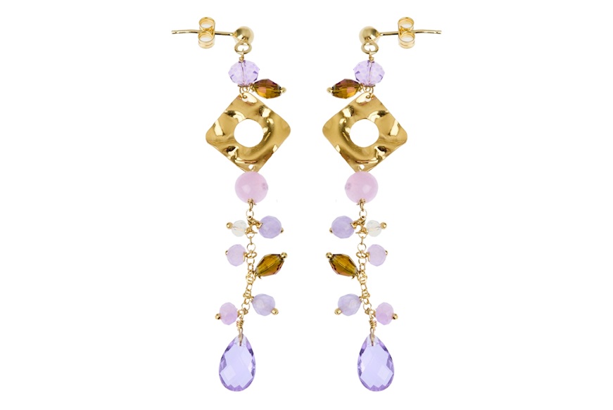 Orecchini argento dorato con ciuffetto di pietre viola e rosa Selezione Zanolli
