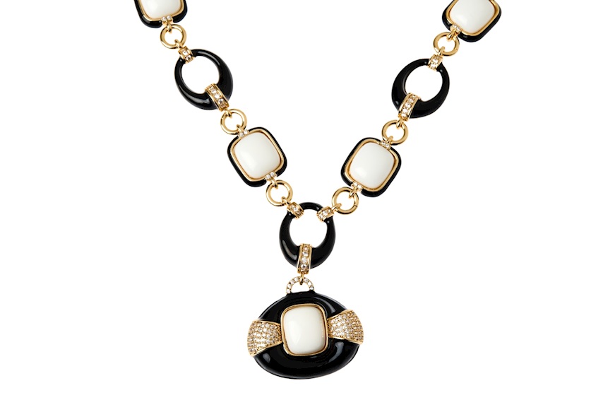 Necklace brass with white and black agate black enamel and zircons Sovrani