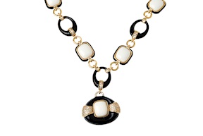 Collana ottone finitura dorata con agata bianca e nera smalto nero e zirconi Sovrani