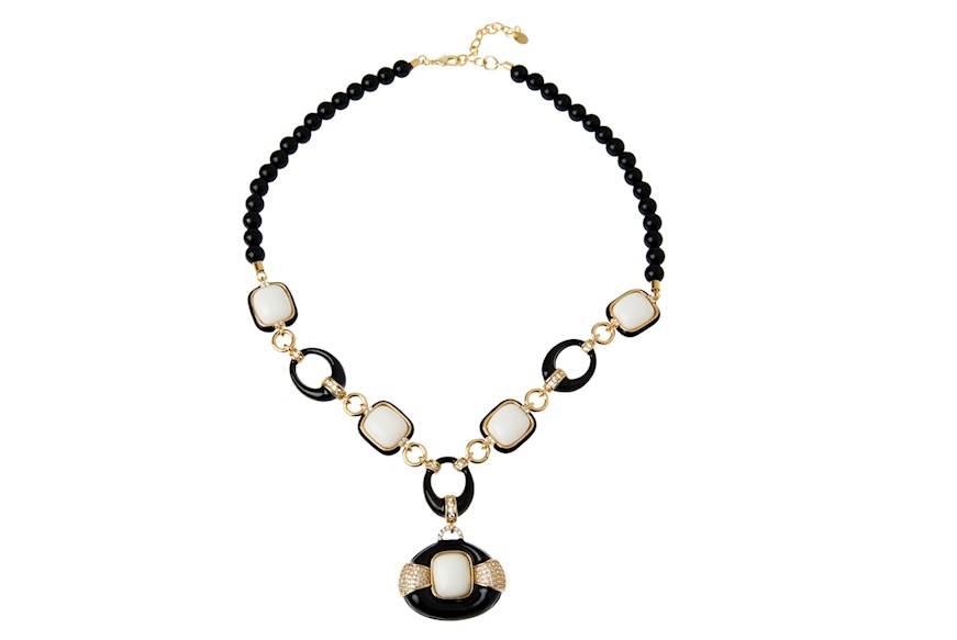 Necklace brass with white and black agate black enamel and zircons Sovrani