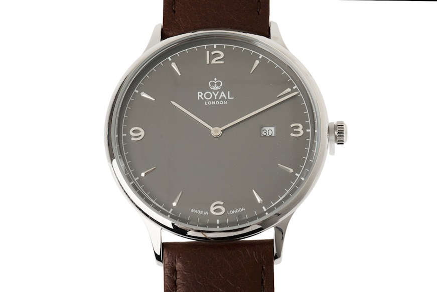 Orologio da polso acciaio con quadrante nero e cinturino in pelle Royal London