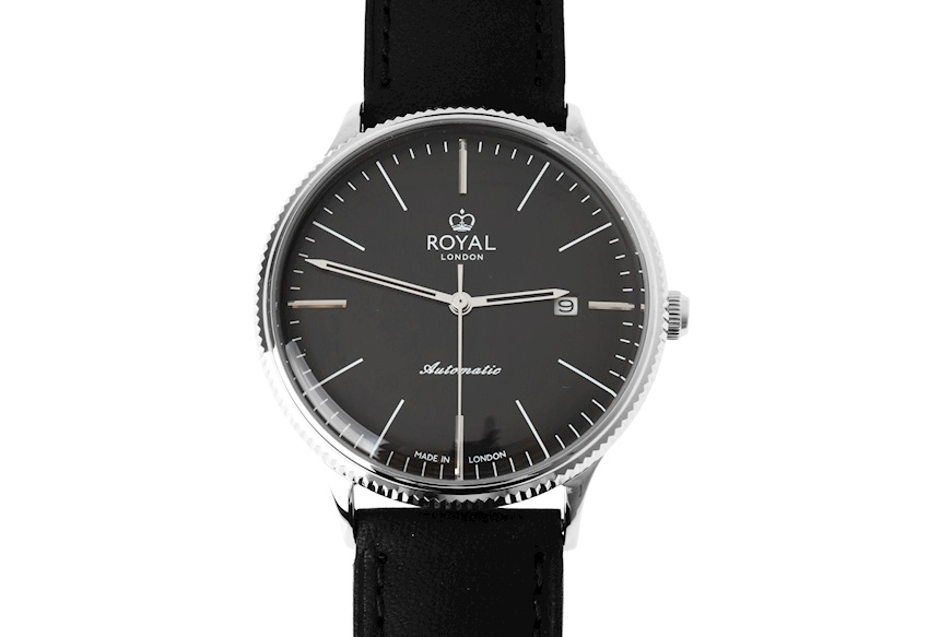 Orologio da polso acciaio con quadrante nero e cinturino in pelle Royal London