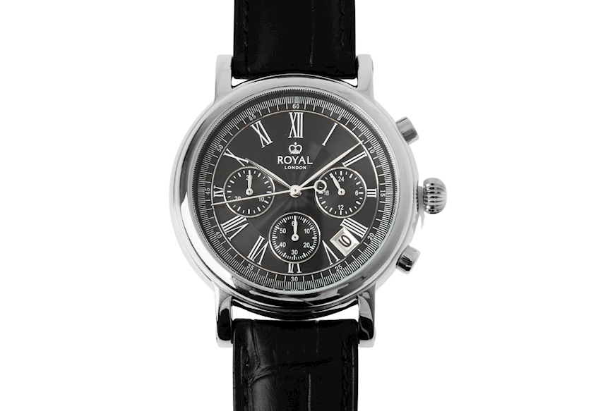 Orologio da polso acciaio con quadrante nero e cinturino in pelle Royal London