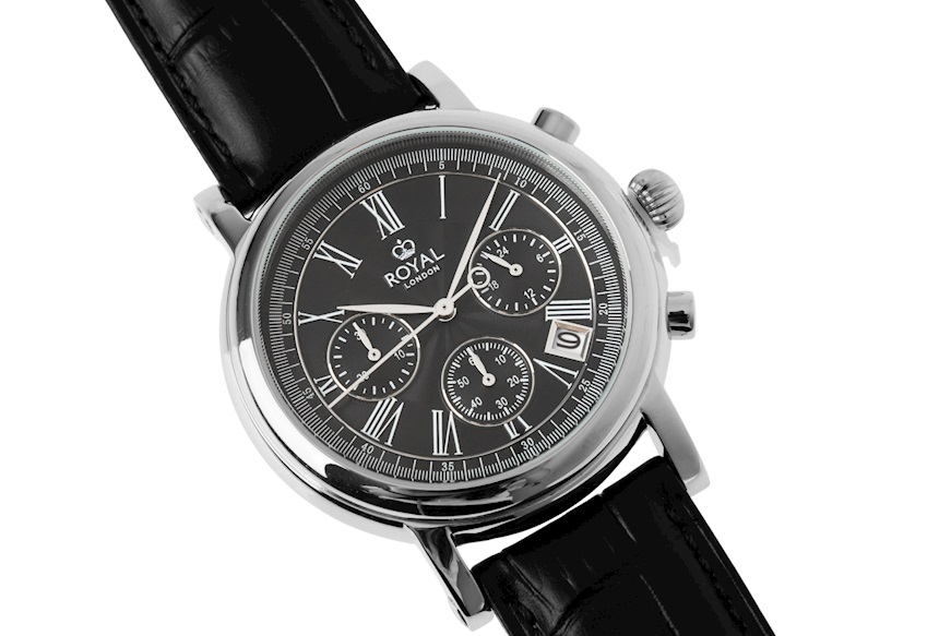 Orologio da polso acciaio con quadrante nero e cinturino in pelle Royal London