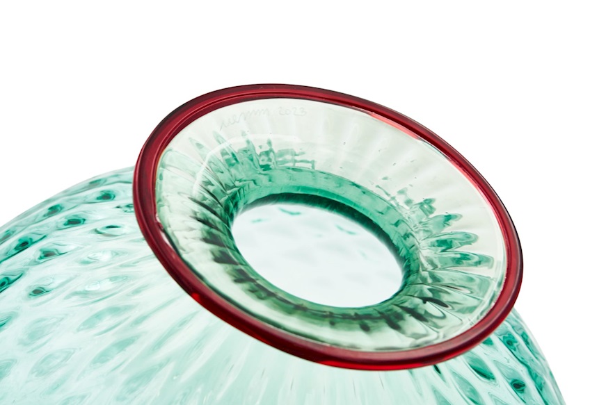 Vaso Monofiore Balloton vetro di Murano verde menta con filo rosso Venini