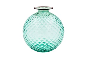 Vaso Monofiore Balloton vetro di Murano verde menta con filo rosso Venini