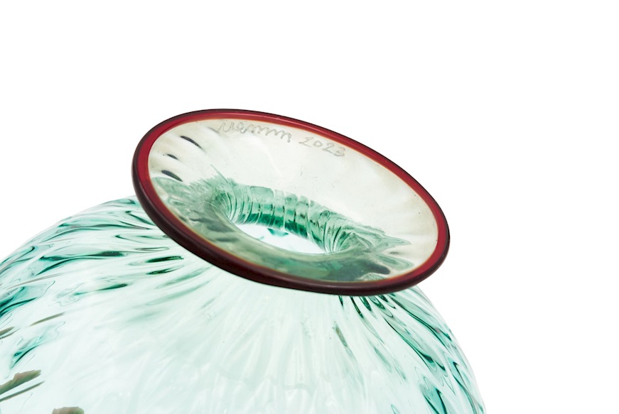 Vaso Monofiore Balloton vetro di Murano verde menta con filo rosso Venini