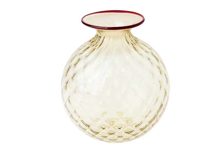 Vaso Monofiore Balloton vetro di Murano paglierino con filo rosso Venini