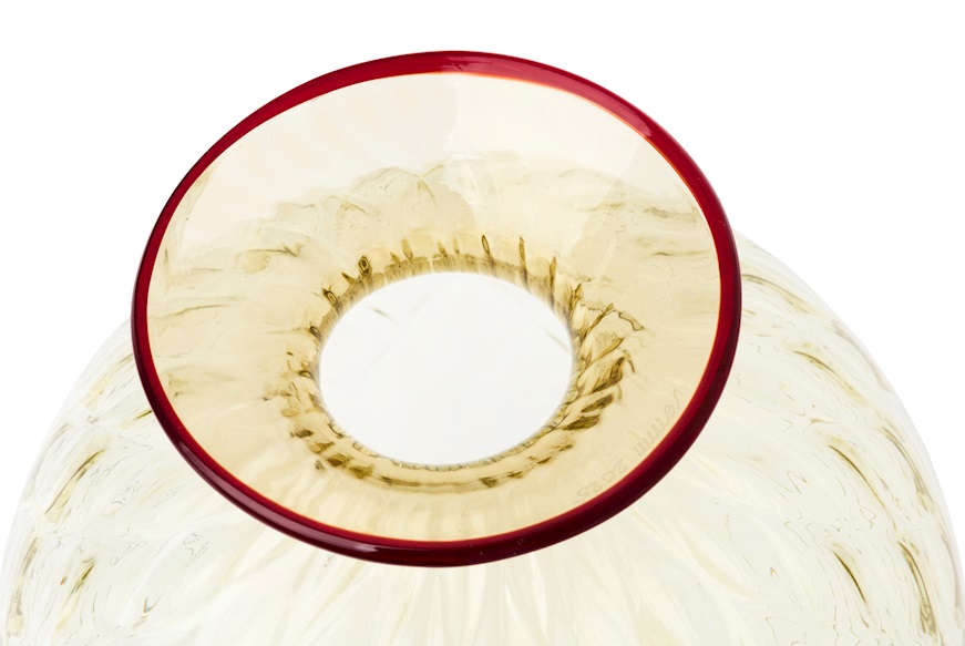 Vaso Monofiore Balloton vetro di Murano paglierino con filo rosso Venini