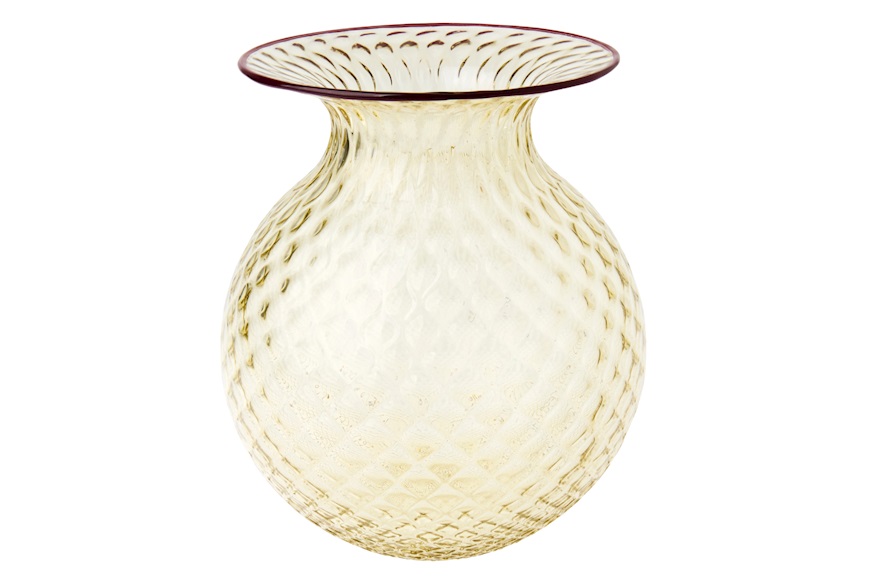 Vaso Fiori Balloton vetro di Murano paglierino con filo rosso Venini