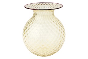 Vaso Fiori Balloton vetro di Murano paglierino con filo rosso Venini