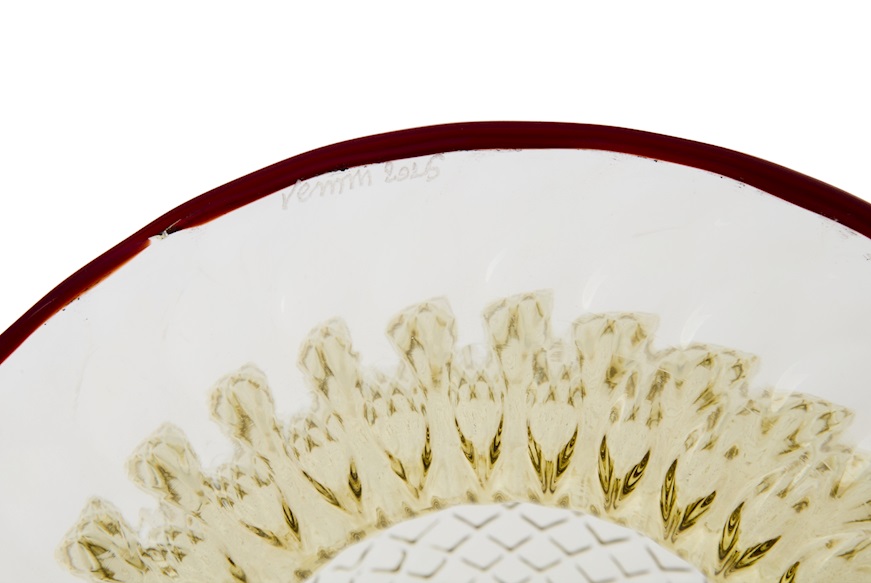 Vaso Fiori Balloton vetro di Murano paglierino con filo rosso Venini