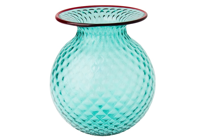 Vase Fiori Balloton Murano glass mint green with red ring Venini
