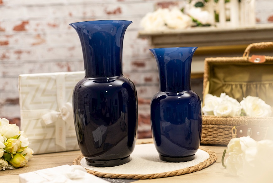 Vase Opalino Murano glass sea blue and milk white Venini
