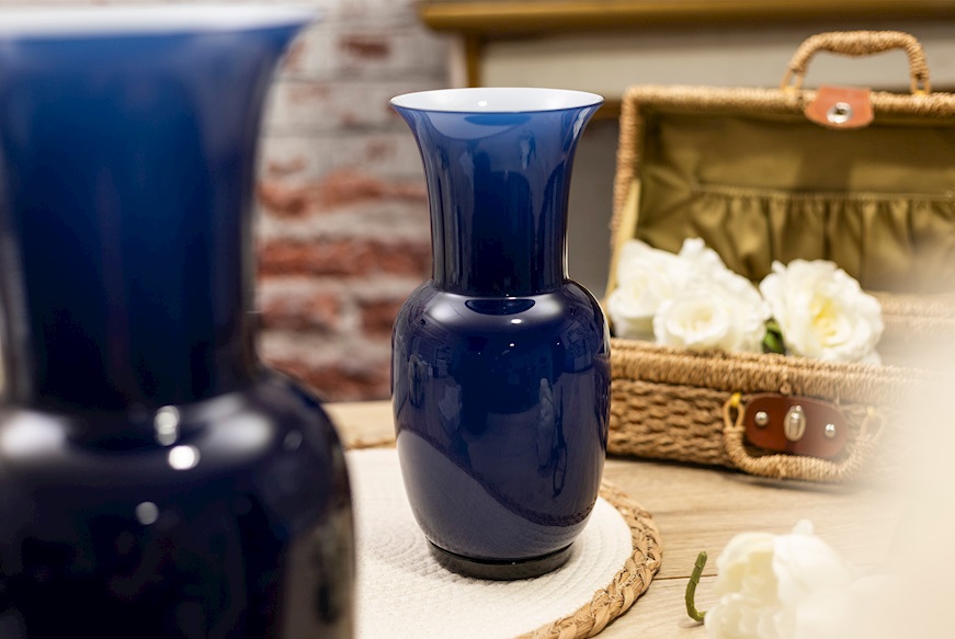 Vase Opalino Murano glass sea blue and milk white Venini