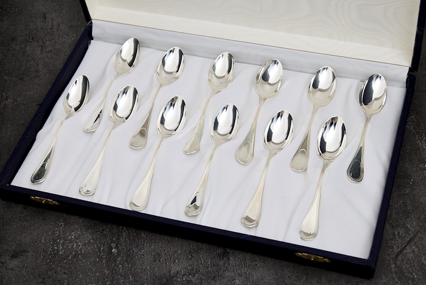 Set cucchiaini caffè argento 144 grammi 12 pezzi in stile Inglese usato ricondizionato Zanolli Vintage