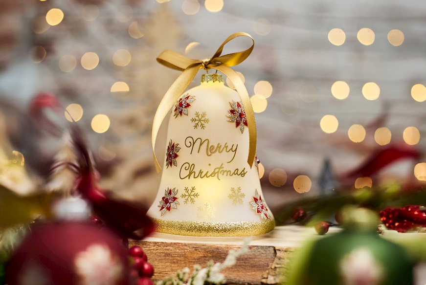 Idea regalo Natale Campanella bianca merry christmas con luce LED Selezione Zanolli