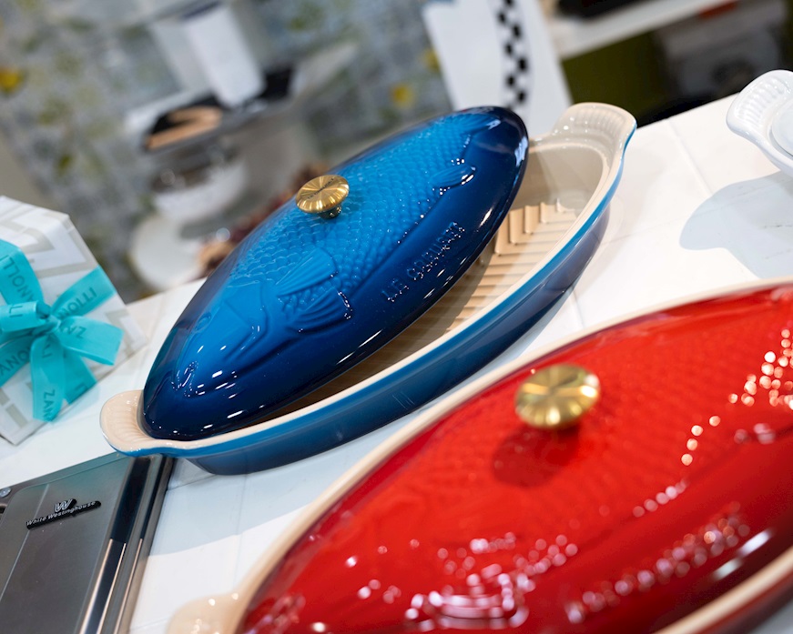 Pesciera Tradition gres azure blu con coperchio Le Creuset