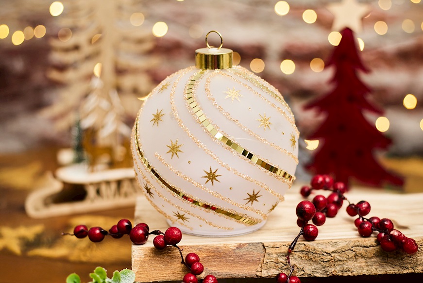 Idea regalo Natale Sfera girevole bianca e oro con luce LED Selezione Zanolli