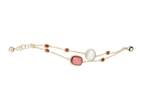 Bracciale Lou ottone finitura oro con occhio di gatto fucsia, madreperla e catena di cristallo granato Sovrani