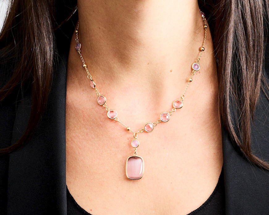 Collana Simonne ottone finitura oro con occhio di gatto rosa/viola Sovrani