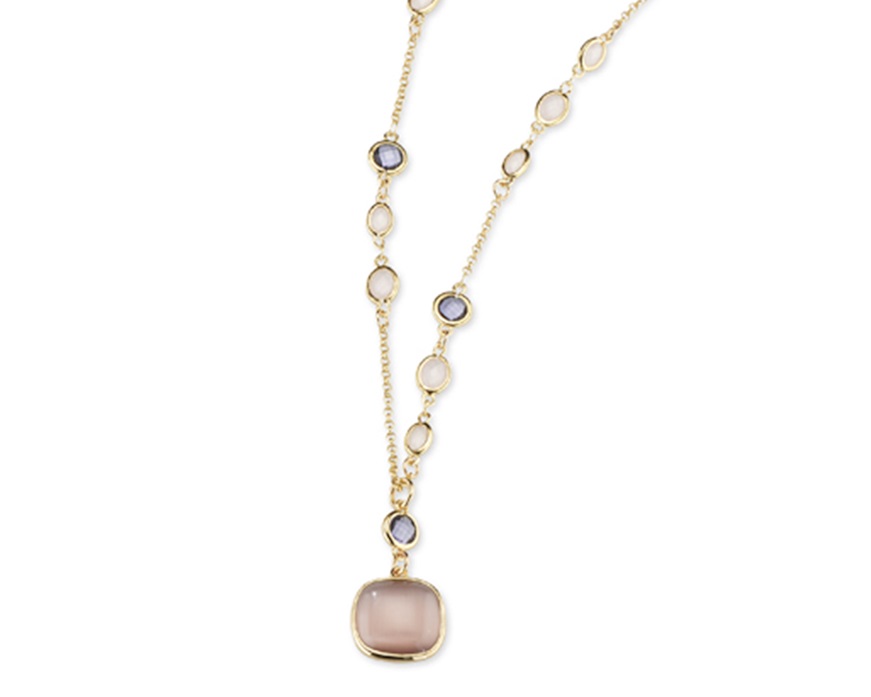 Collana Sylvie ottone finitura oro con occhio di gatto cipria, cristalli rosa e ametista Sovrani