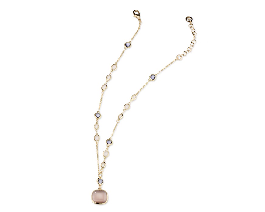 Collana Sylvie ottone finitura oro con occhio di gatto cipria, cristalli rosa e ametista Sovrani