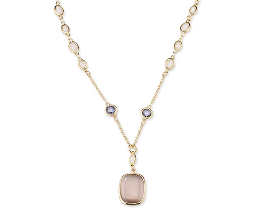 Collana Sylvie ottone in ottone finitura oro con occhio di gatto cipria, cristalli rosa e ametista Sovrani