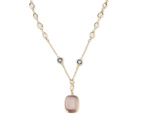 Collana Sylvie ottone in ottone finitura oro con occhio di gatto cipria, cristalli rosa e ametista Sovrani