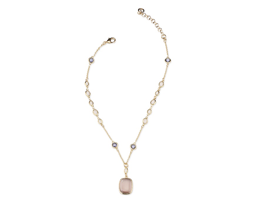 Collana Sylvie ottone in ottone finitura oro con occhio di gatto cipria, cristalli rosa e ametista Sovrani