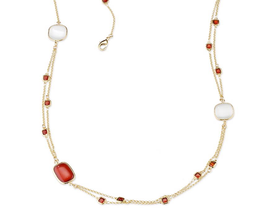 Collana Lou ottone finitura oro con occhio di gatto fucsia, madreperla e catena di cristallo granato Sovrani