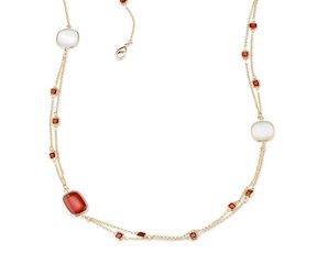 Collana Lou ottone finitura oro con occhio di gatto fucsia, madreperla e catena di cristallo granato Sovrani