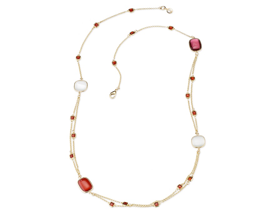 Collana Lou ottone finitura oro con occhio di gatto fucsia, madreperla e catena di cristallo granato Sovrani