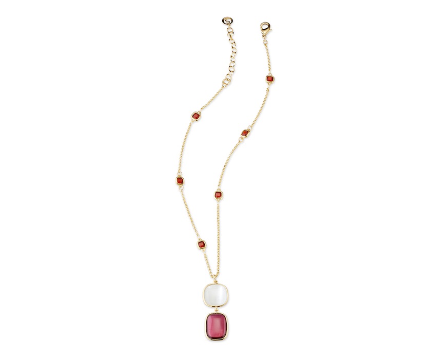 Collana Lou ottone finitura oro con occhio di gatto fucsia, madreperla e catena di cristallo granato Sovrani