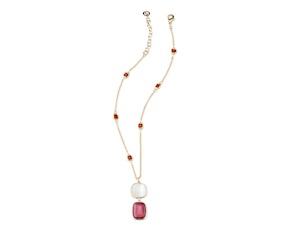 Collana Lou ottone finitura oro con occhio di gatto fucsia, madreperla e catena di cristallo granato Sovrani