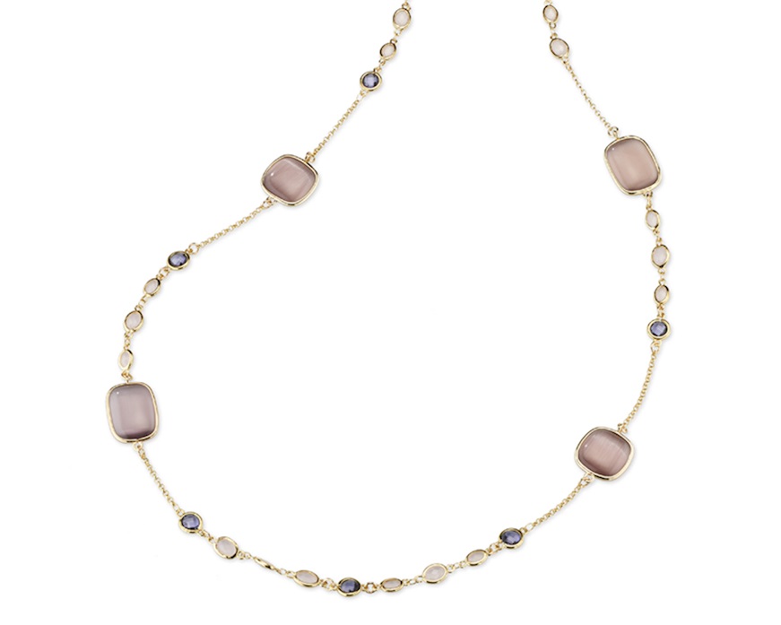 Collana Sylvie ottone finitura oro con occhio di gatto cipria, cristalli rosa e ametista Sovrani