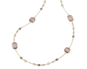 Collana Sylvie ottone finitura oro con occhio di gatto cipria, cristalli rosa e ametista Sovrani