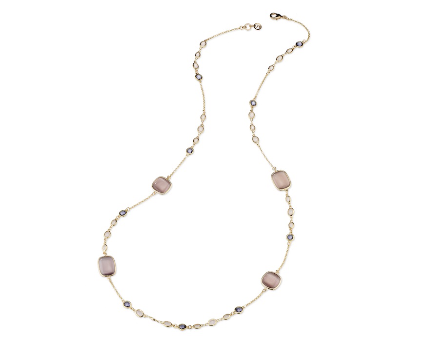 Collana Sylvie ottone finitura oro con occhio di gatto cipria, cristalli rosa e ametista Sovrani