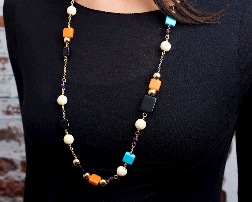 Collana ottone finitura oro con resine multicolor ametista e bambù Sovrani