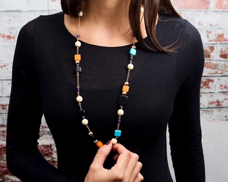 Collana ottone finitura oro con resine multicolor ametista e bambù Sovrani