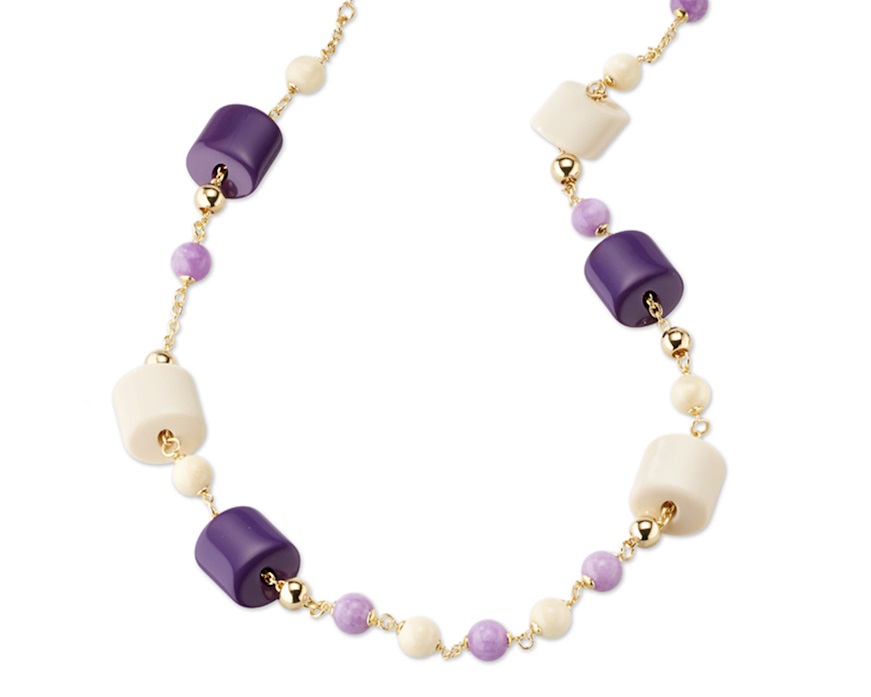 Collana ottone finitura oro con resine viola/panna giada kunzite e bambù Sovrani