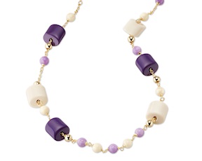 Collana ottone finitura oro con resine viola/panna giada kunzite e bambù Sovrani