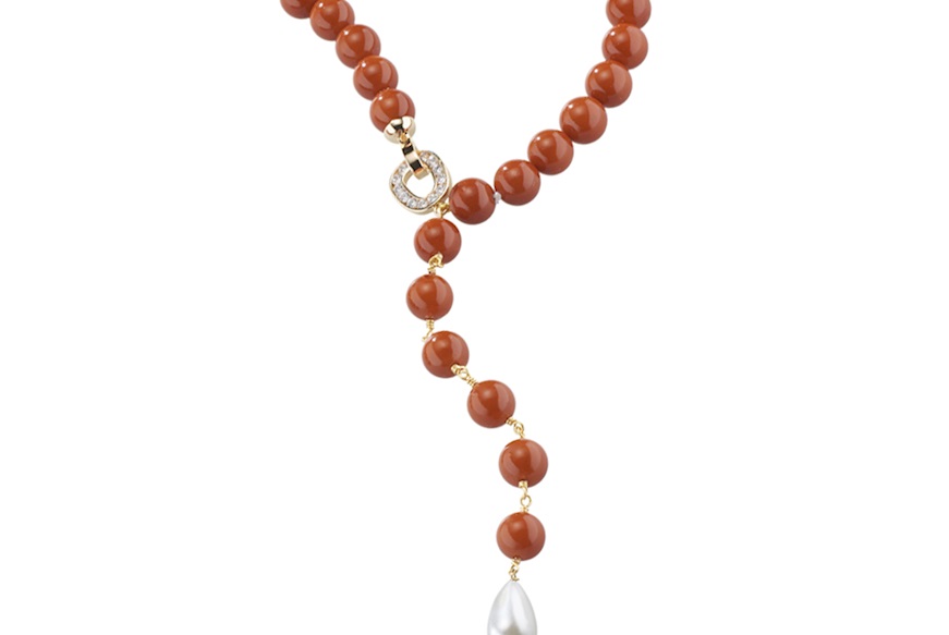 Collana ottone finitura oro con pasta di corallo perla e zirconi Sovrani