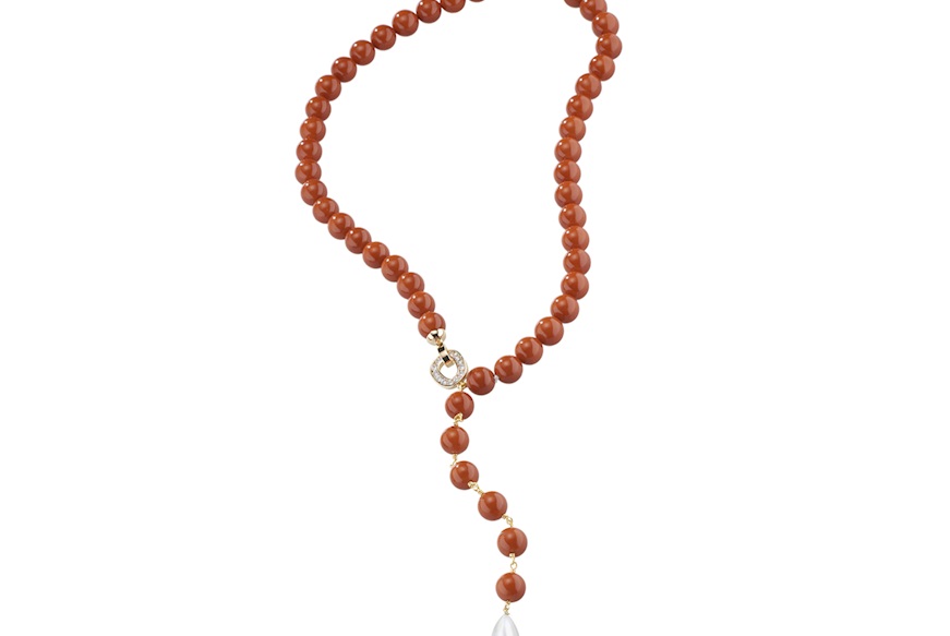Collana ottone finitura oro con pasta di corallo perla e zirconi Sovrani