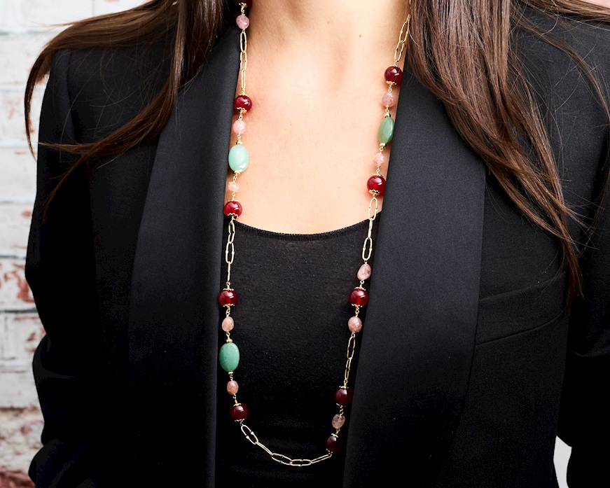 Collana Candice ottone finitura oro con agata ruby e fluorite Sovrani